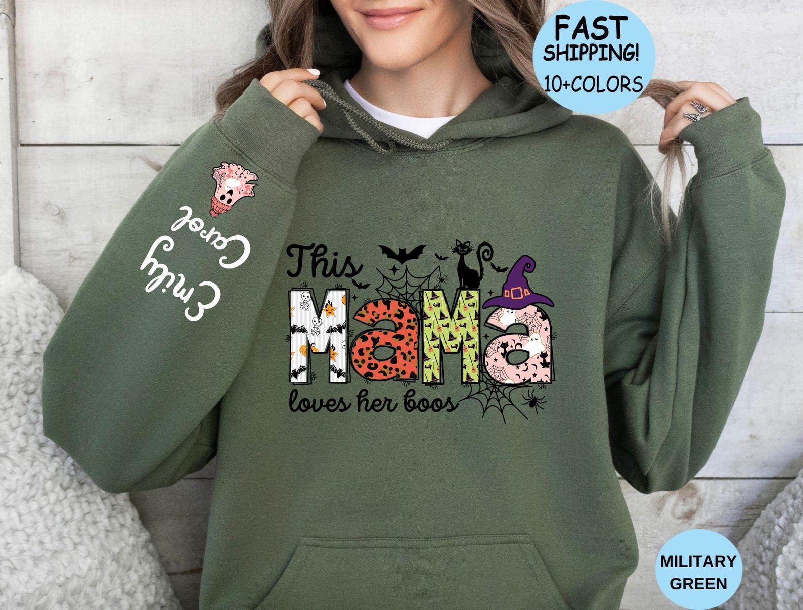 Halloween Custom Mama Hoodie |Halloween mother with a child's name on her arm Shirt