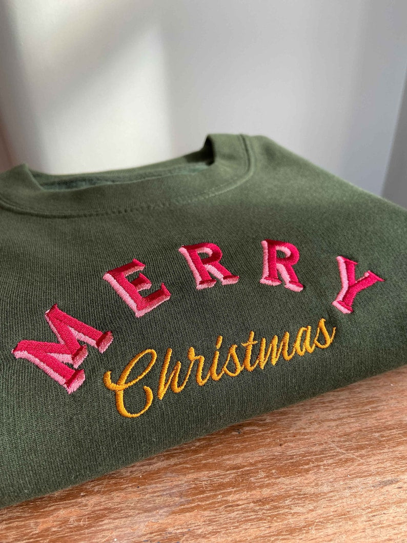 Retro Merry Christmas Embroidered Jumper | Holidays Sweater | Embroidery