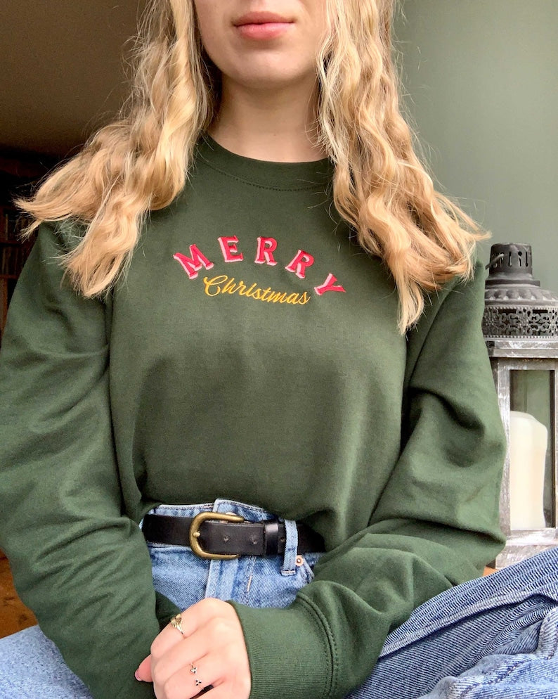 Retro Merry Christmas Embroidered Jumper | Holidays Sweater | Embroidery