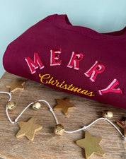 Retro Merry Christmas Embroidered Jumper | Holidays Sweater | Embroidery