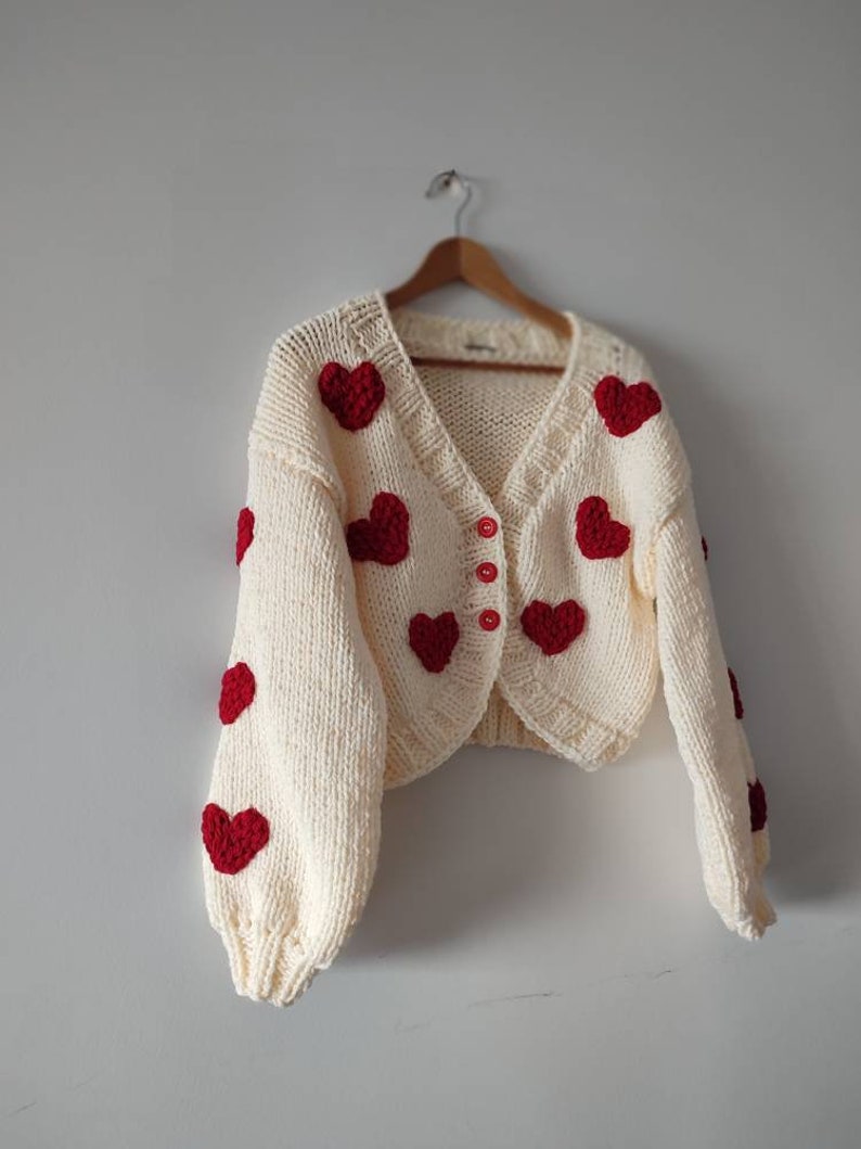 Red heart woman gift cardigan, custom order 12 heart embroidered gifts for her sweater woman jumper, creamy black pink knit with 3 buttons