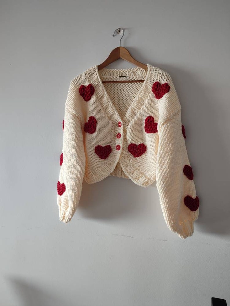 Red heart woman gift cardigan, custom order 12 heart embroidered gifts for her sweater woman jumper, creamy black pink knit with 3 buttons