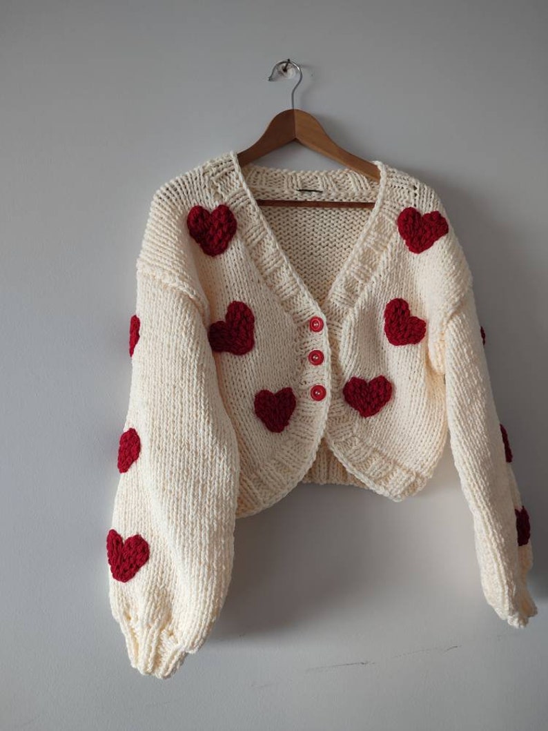 Red heart woman gift cardigan, custom order 12 heart embroidered gifts for her sweater woman jumper, creamy black pink knit with 3 buttons