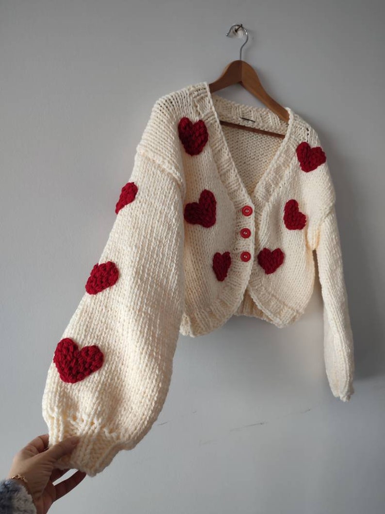 Red heart woman gift cardigan, custom order 12 heart embroidered gifts for her sweater woman jumper, creamy black pink knit with 3 buttons