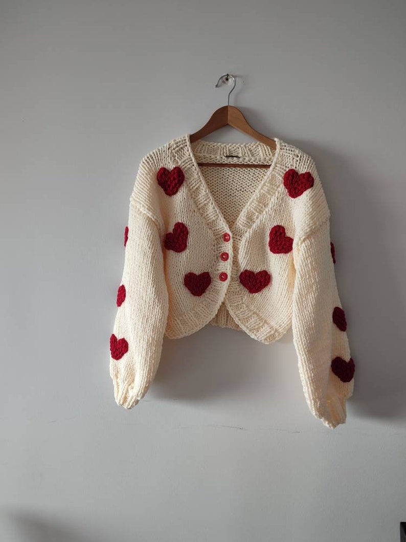 Red heart woman gift cardigan, custom order 12 heart embroidered gifts for her sweater woman jumper, creamy black pink knit with 3 buttons