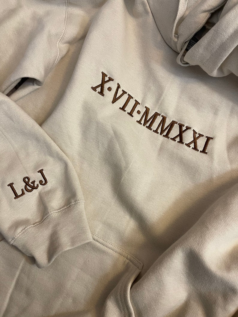 Anniversary Wedding Date Hoodie|Embroidered Roman Numerals Couples Sweatshirt