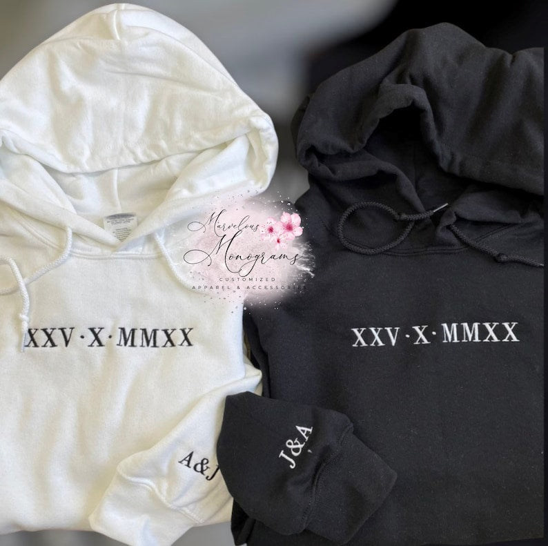 Anniversary Wedding Date Hoodie|Embroidered Roman Numerals Couples Sweatshirt