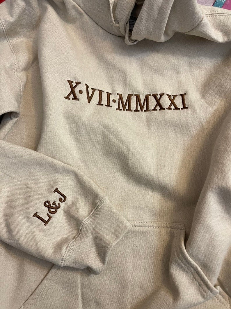 Anniversary Wedding Date Hoodie|Embroidered Roman Numerals Couples Sweatshirt