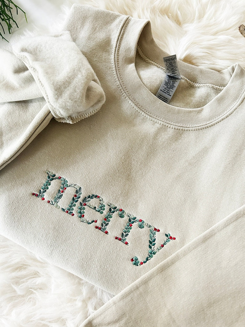 Embroidered Floral Merry Christmas Sweatshirt