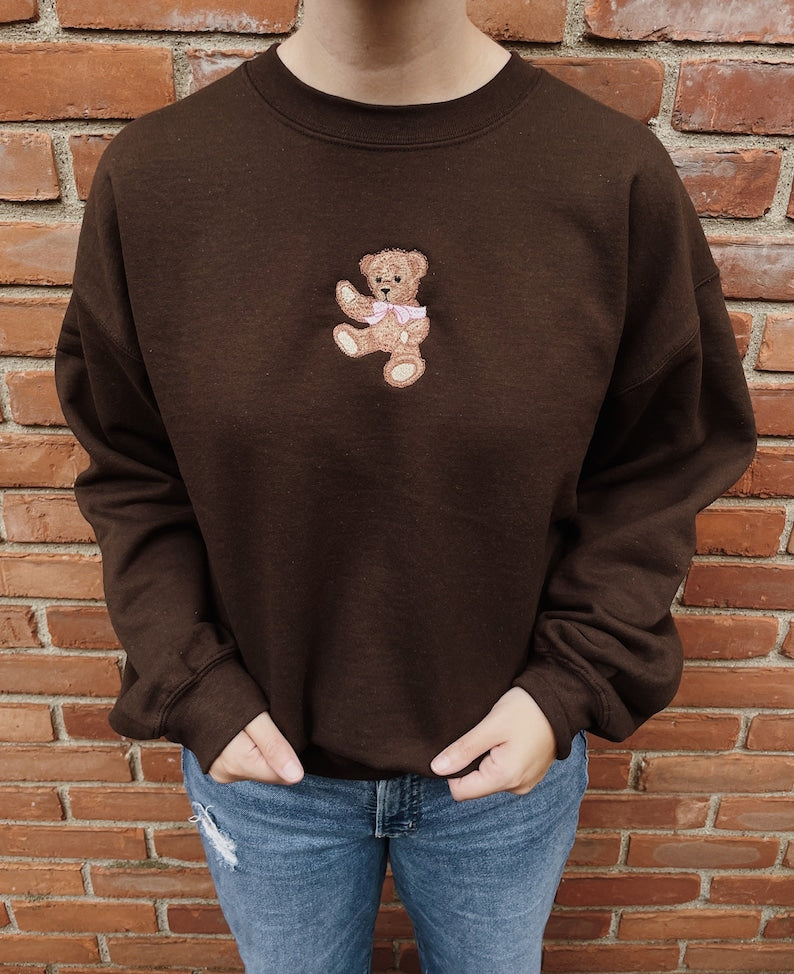 Embroidered Teddy Bear Bow Sweatshirt