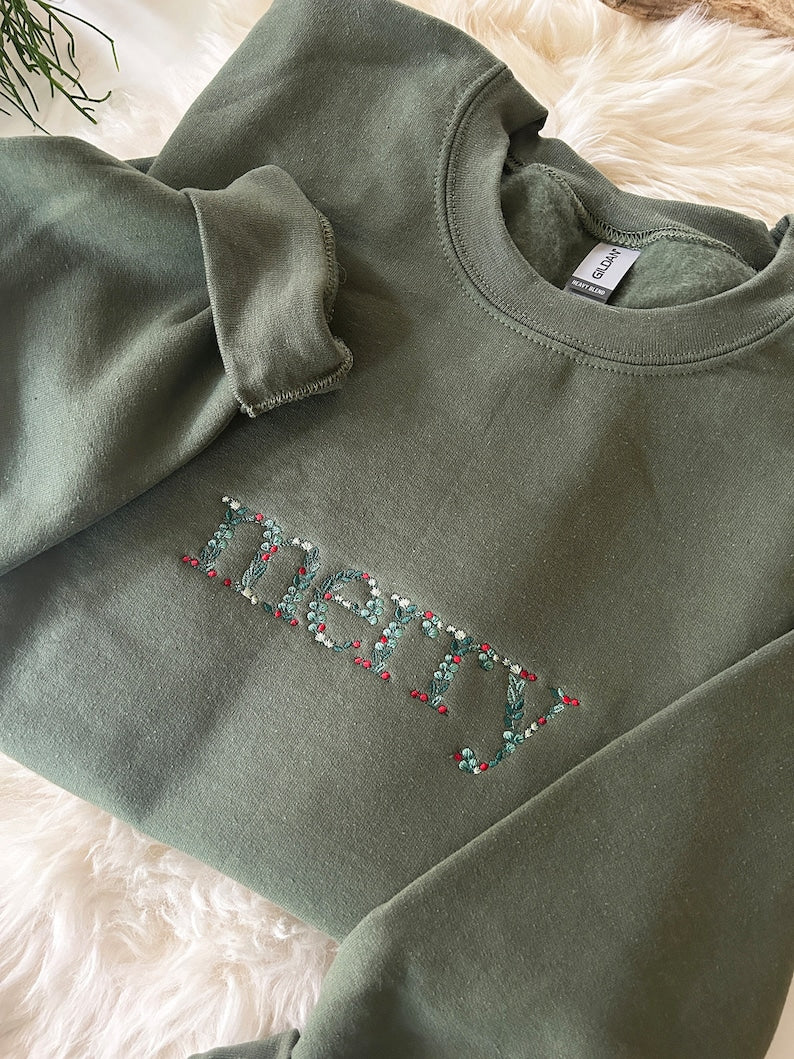 Embroidered Floral Merry Christmas Sweatshirt