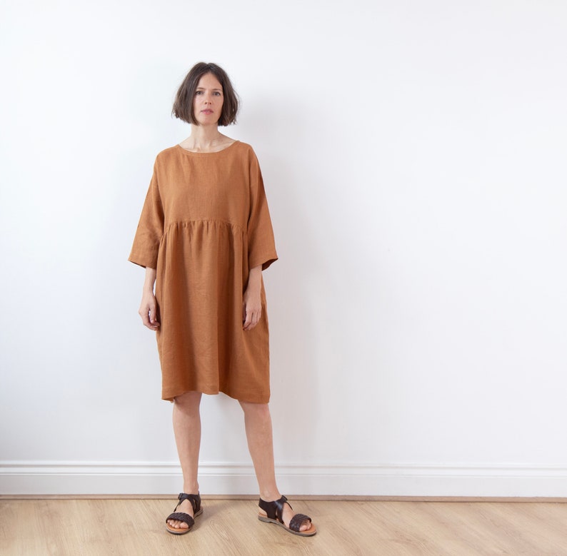 Brown sugar linen dress, Spring Summer Autumn Winter linen dress, basic smock dress, ready to ship