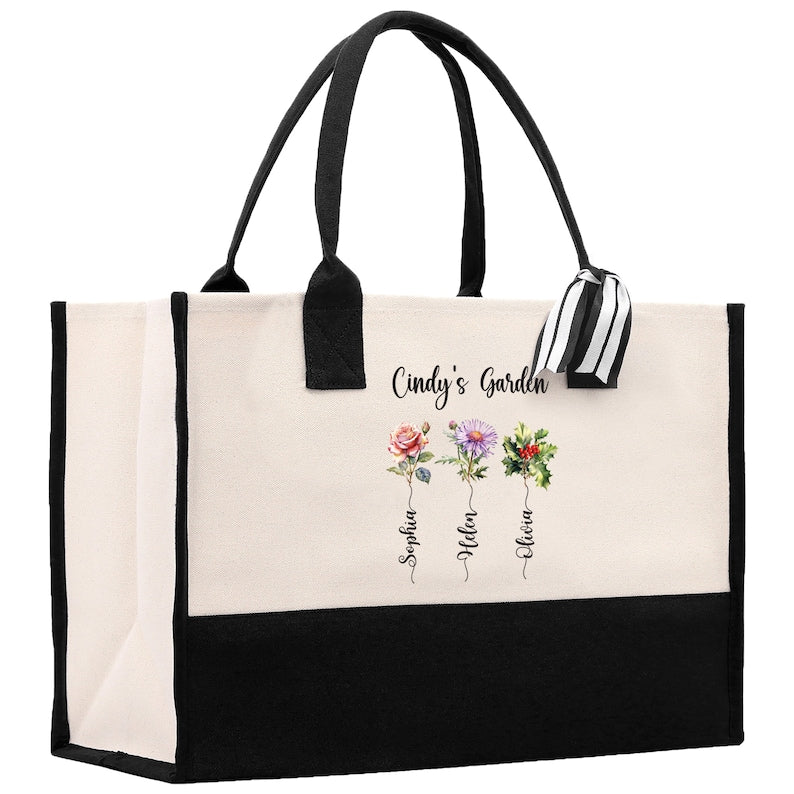 Personalized Kids and Grandkids Cotton Canvas Tote Bag｜Custom Flower Tote Bag