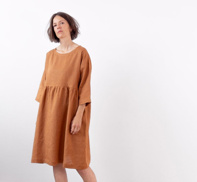 Brown sugar linen dress, Spring Summer Autumn Winter linen dress, basic smock dress, ready to ship