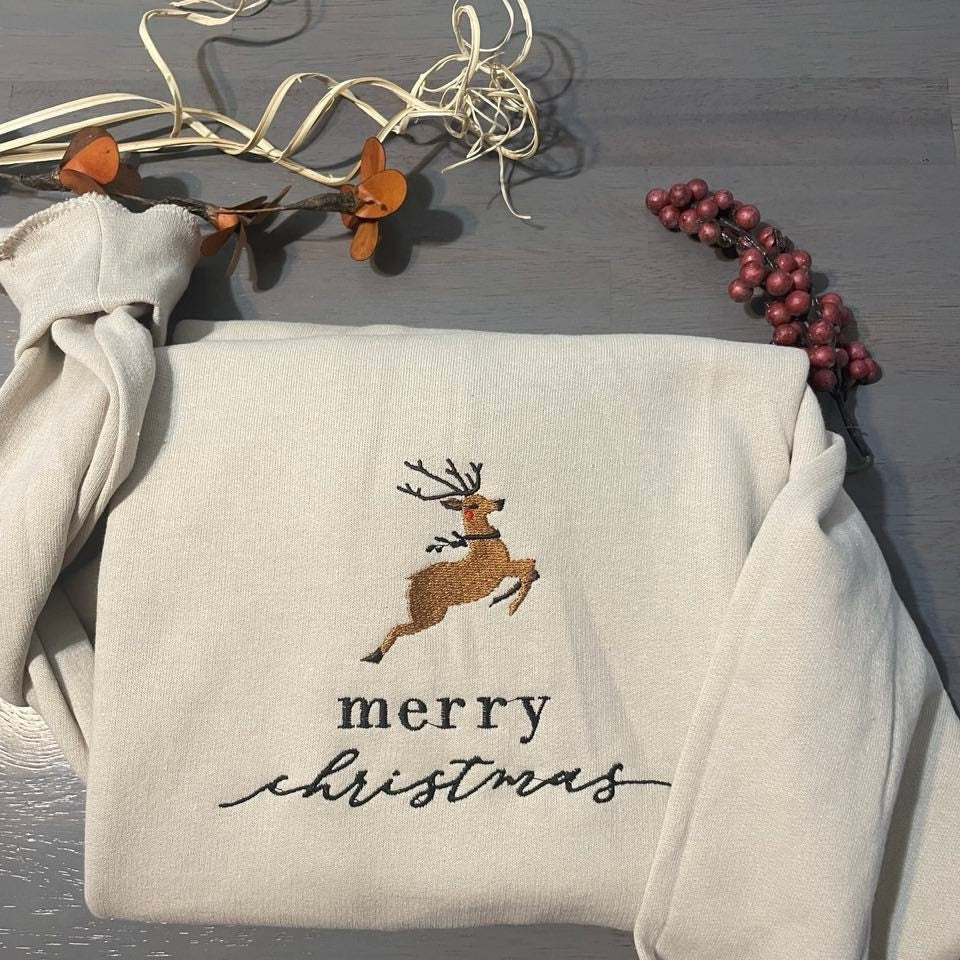 Merry Christmas Embroidered sweatshirt | Reindeer Christmas crewneck