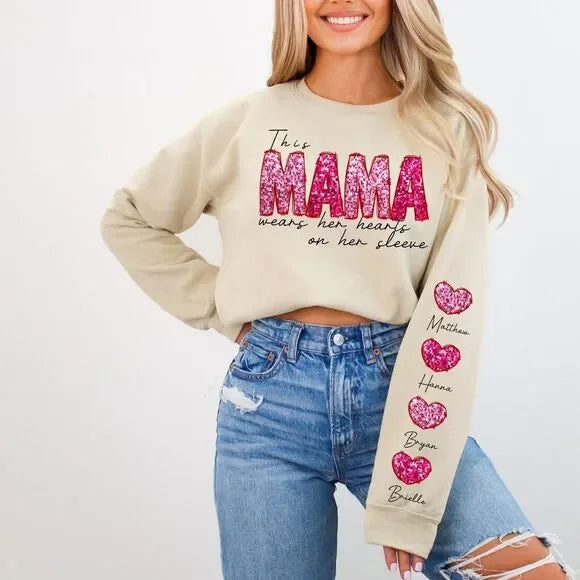 Personalized Name Mama Wears Her Hearts On Her Sleeve Sequin Sweatshirt