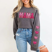 Personalized Name Mama Wears Her Hearts On Her Sleeve Sequin Sweatshirt