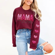 Personalized Name Mama Wears Her Hearts On Her Sleeve Sequin Sweatshirt