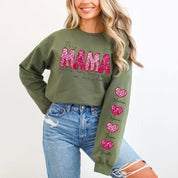 Personalized Name Mama Wears Her Hearts On Her Sleeve Sequin Sweatshirt
