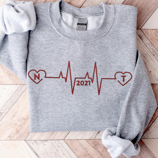 Custom Embroidered Heartbeat Sweatshirt｜With Initials And Year