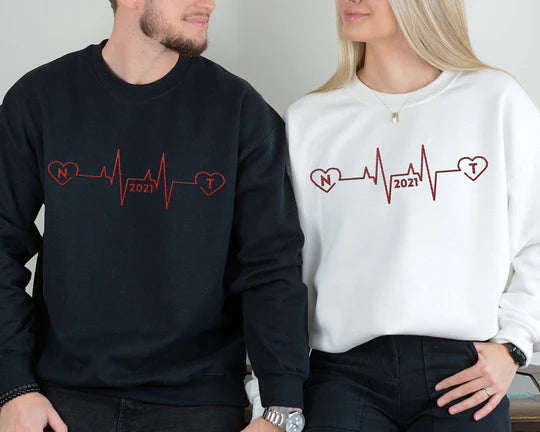 Custom Embroidered Heartbeat Sweatshirt｜With Initials And Year