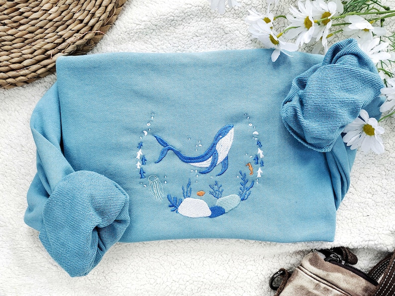 Embroidered Sweatshirt | Whale Embroidery Crewneck | Nature Lover Gift