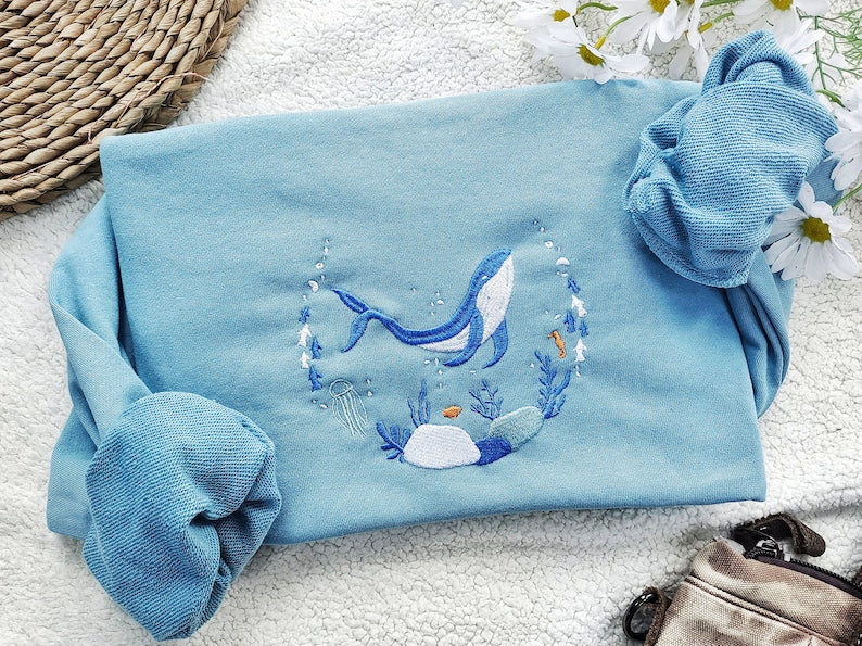 Embroidered Sweatshirt | Whale Embroidery Crewneck | Nature Lover Gift