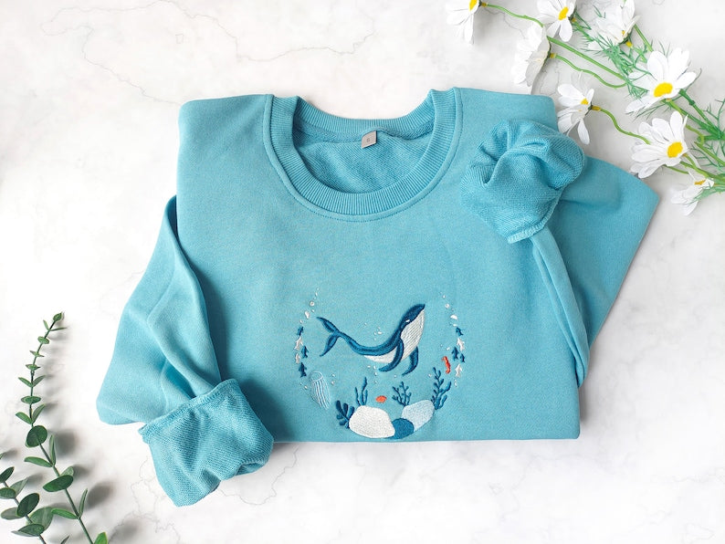 Embroidered Sweatshirt | Whale Embroidery Crewneck | Nature Lover Gift